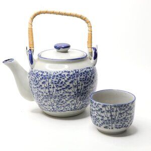 Vintage Blue & White Asian Tea Set Bamboo Design Rattan Handle Pot & Cup